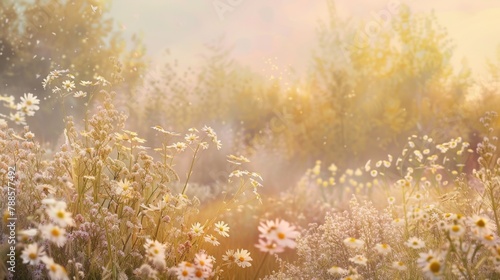 A beautiful field of daisies and wildflowers in the sunlight. Suitable for nature backgrounds #788577492