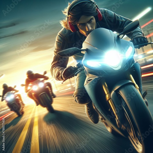 A high-speed chase on motorcycles, where the protagonist uses noise-cancelling headphones to block out distractions and focus on the pursuit