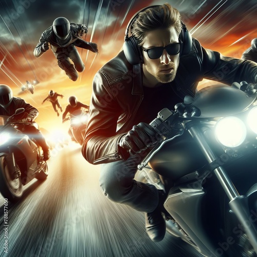 A high-speed chase on motorcycles, where the protagonist uses noise-cancelling headphones to block out distractions and focus on the pursuit