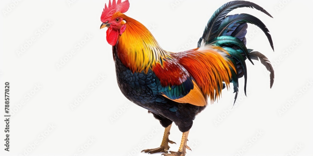 Fototapeta premium Vibrant rooster standing on a white background, perfect for farm or animal themed designs