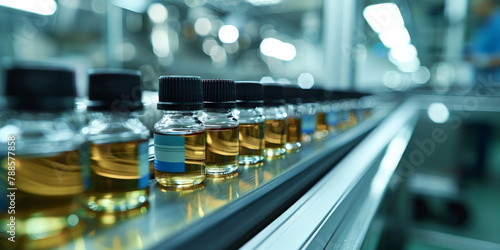 liquid vials in glass bottles on the production line in pharmaceutical factory 