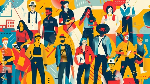 A vivid illustration for Labor Day on May 1, a large advertising banner with a group of people from different professions