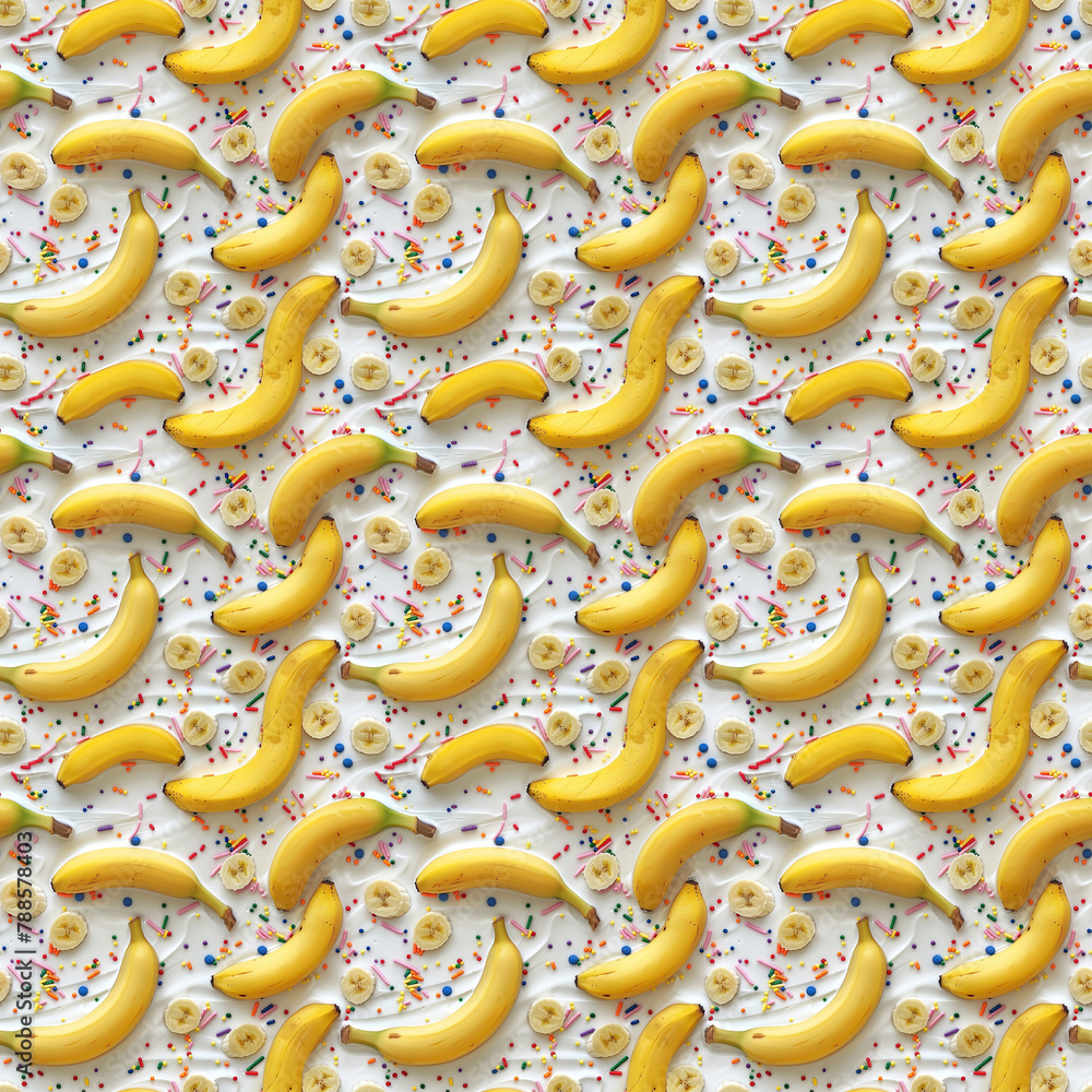 rainbow sprinkles on a white icing background with bananas spread around, repeatable seamless background tile
