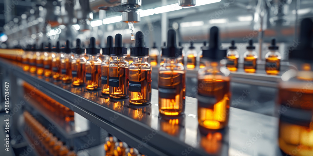 liquid vials in  glass bottles on the production line in pharmaceutical factory	
