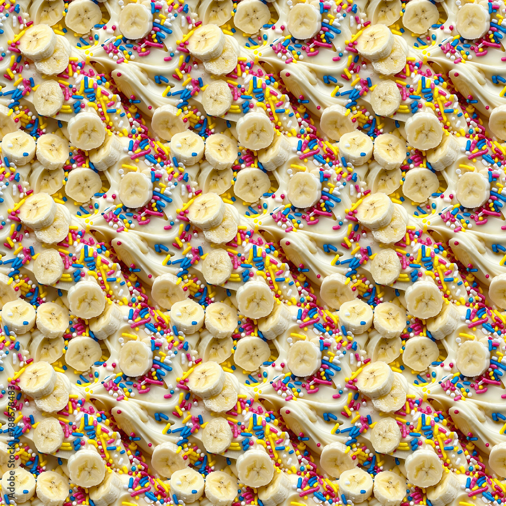 rainbow sprinkles and banana slices on white icing background, repeatable seamless background tile
rainbow sprinkles and banana slices on white icing background, repeatable seamless background tile