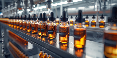 liquid vials in  glass bottles on the production line in pharmaceutical factory	
 photo