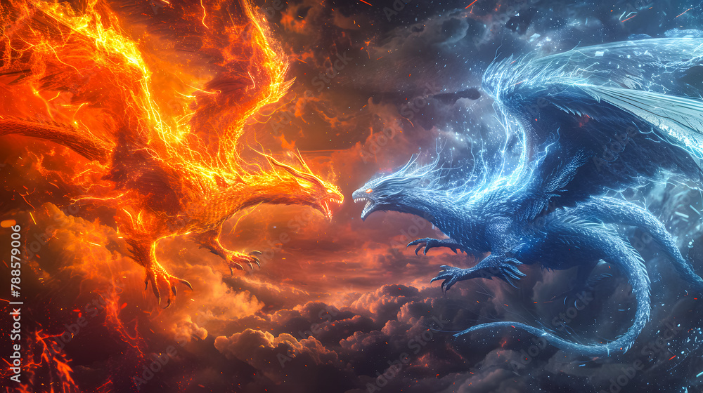 Fototapeta premium 3d illustration Dragon War, epic battle between fire dragon and lightning dragon. concept art, 3D rendering 
