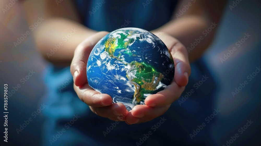 Person holding a small earth globe in their hands, ideal for environmental concepts Person holding a small earth globe in their hands, ideal for environmental concepts