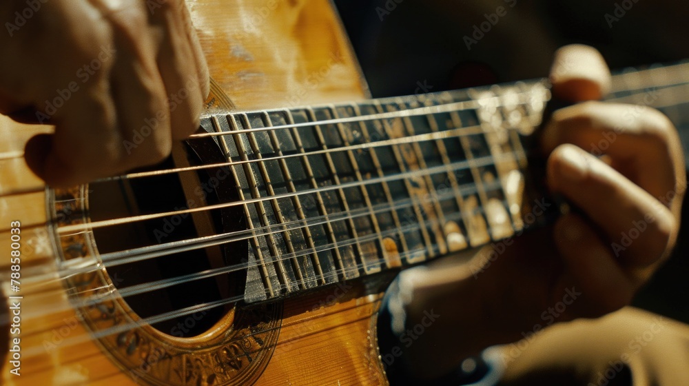 Close up of a person playing guitar, suitable for music-related designs