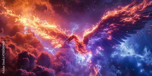 background of a burning phoenix bird flying in a sky full of clouds and lightning striking. 3D rendering. Phoenix Lightning fire wallpaper photo