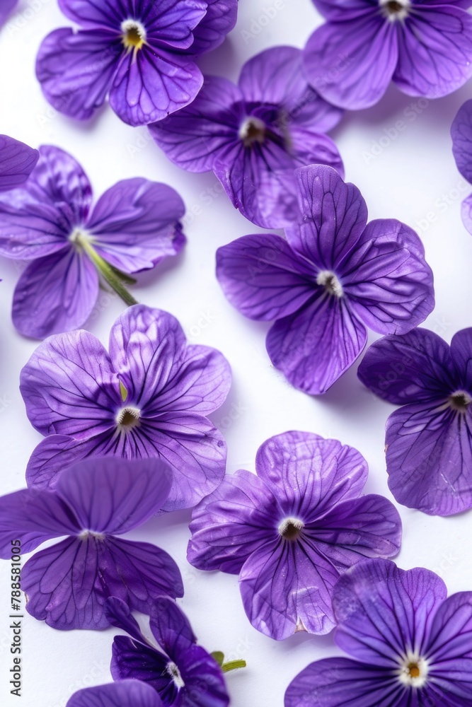 Close up of purple flowers on white surface. Suitable for nature and gardening themes