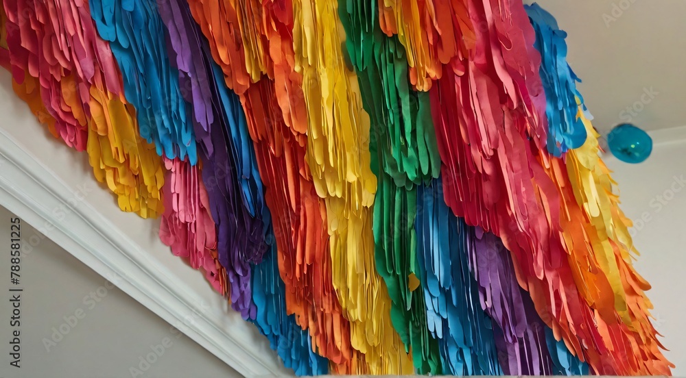 A colorful paper rainbow cascading down, creating a vibrant display of hues.

