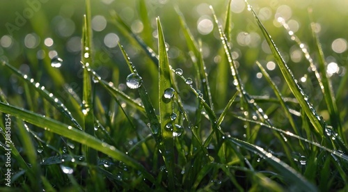 Green grass with dew drops glistening in the morning sunlight  creating a refreshing and vibrant scene.  
