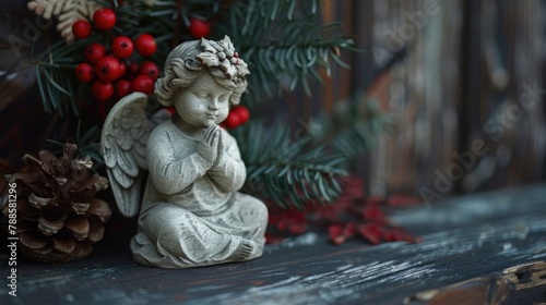 A serene angel statue perched on a shelf. Ideal for religious themes