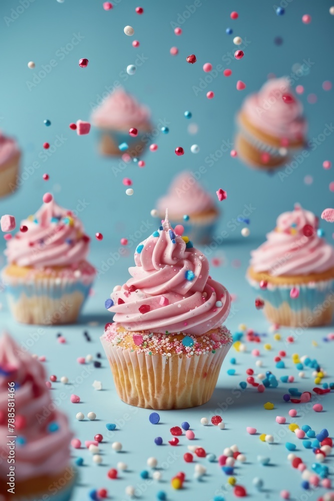 Sweet cupcakes with pink frosting and colorful sprinkles, perfect for bakery or celebration concepts Sweet cupcakes with pink frosting and colorful sprinkles, perfect for bakery or celebration concepts
