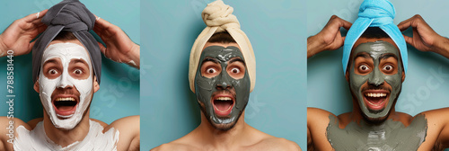 Three friends having fun with face masks during a spa da