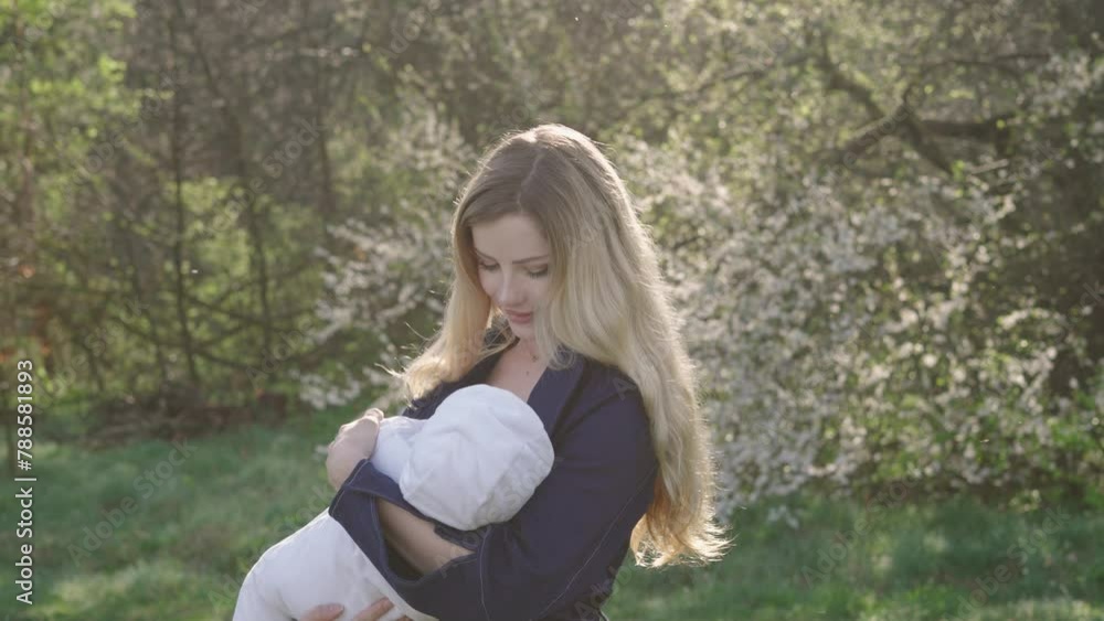 young beautiful mother with her newborn baby outdoors enjoying the spring young beautiful mother with her newborn baby outdoors enjoying the spring
