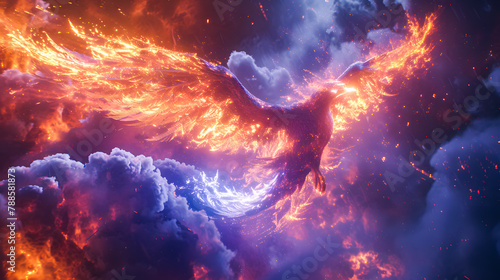 background of a burning phoenix bird flying in a sky full of clouds and lightning striking. 3D rendering. Phoenix Lightning fire wallpaper © Iwankrwn