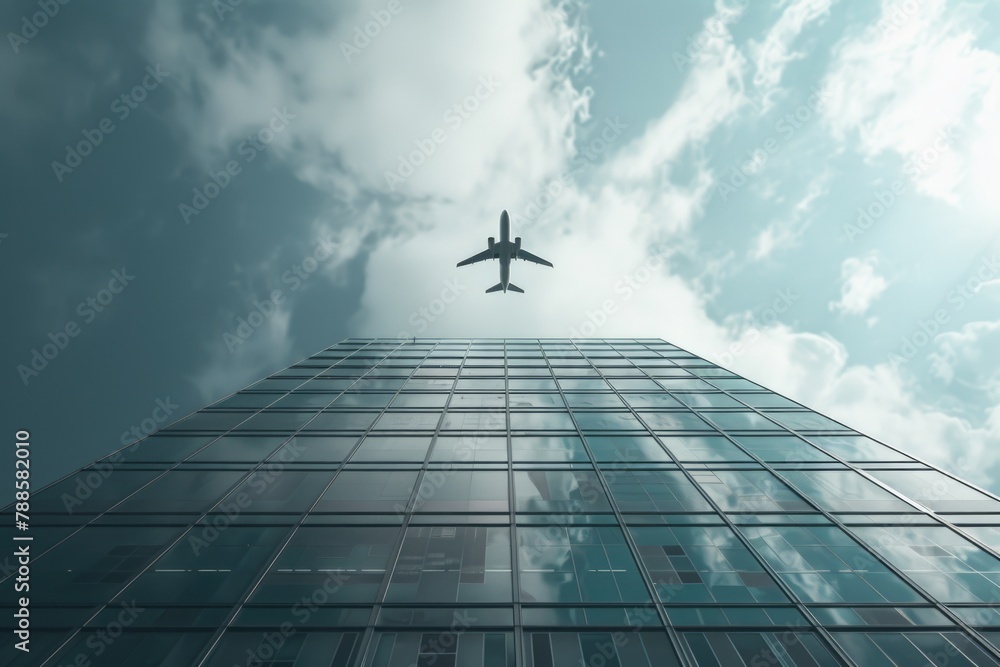 Fototapeta premium A plane flying over a modern glass skyscraper. Suitable for aviation or urban concepts