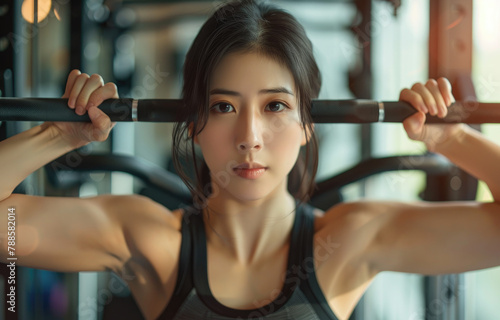 an attractive Asian woman using the shoulder press machine in her home gym, wearing athletic wear and holding onto a black bar with both hands while working out