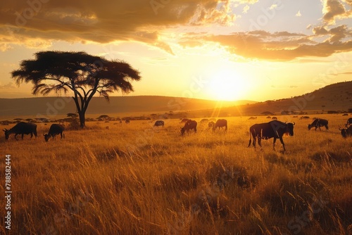 Savanna at sunset  acacia trees  grazing wildlife  expansive grasslands