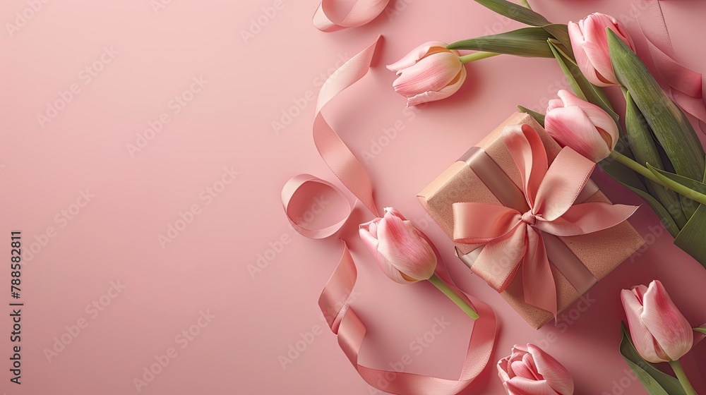 Capture the essence of a Mother s Day celebration with a captivating top down shot featuring a beautifully wrapped gift box adorned with a delicate ribbon bow alongside a charming bouquet o