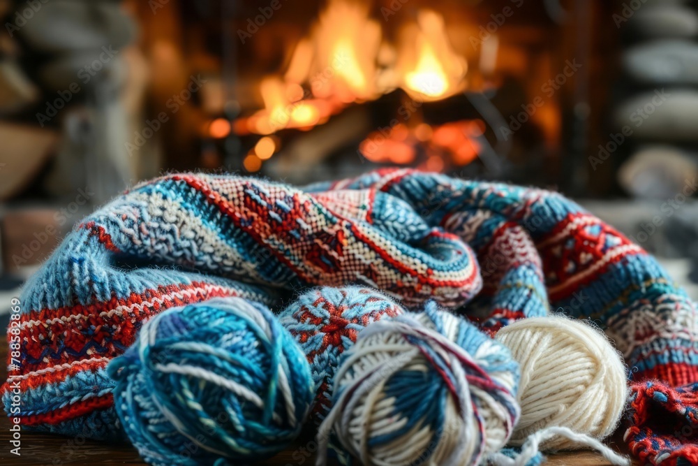 Knitting cozy winter accessories by the fireplace