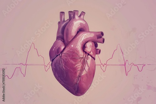 Heartbeat, ECG line, cardiac cycle, anatomical heart illustration, life rhythm photo