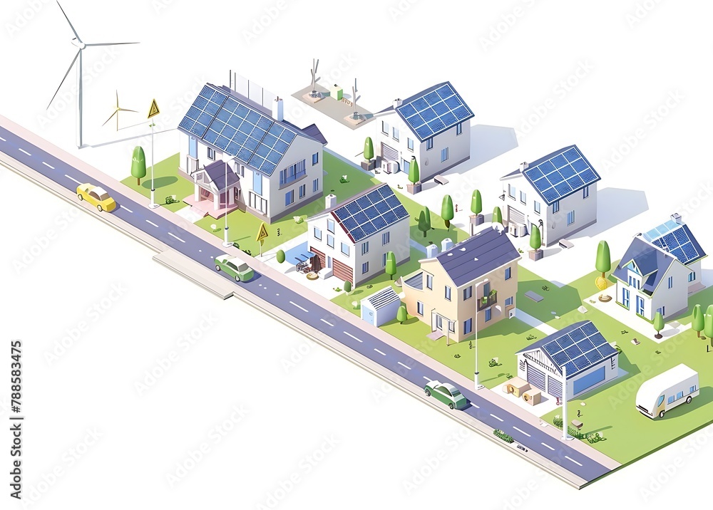 Isometric illustration of energy production and storage, solar panels on buildings with wind turbines in the background, a battery icon at the left side, green cars near houses with blue roofs, white Isometric illustration of energy production and storage, solar panels on buildings with wind turbines in the background, a battery icon at the left side, green cars near houses with blue roofs, white