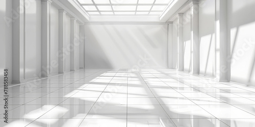 empty White empty room with white tile floor and ceiling with sunlight