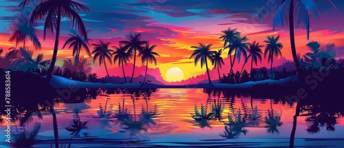 A panoramic sunset scene  where the vivid orange and pink sky meets the tranquil ocean  with palm tree silhouettes adding a touch of the tropics.