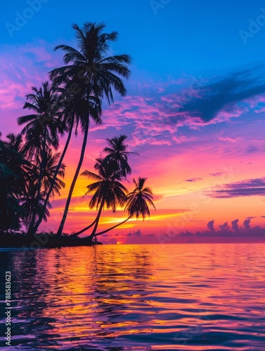 Breathtaking sunset over a tropical paradise, with palm trees framing the stunning sky filled with brilliant hues of orange, pink, and purple, mirrored in the calm waters below.