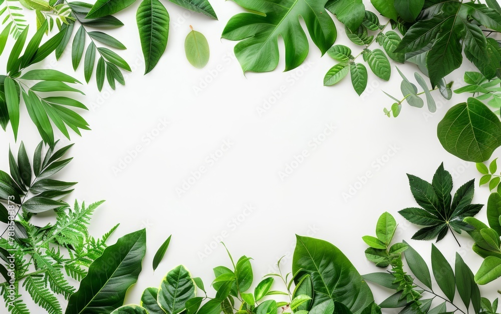 A diverse collection of green leaves from various plants arranged in a frame, highlighting their natural beauty and diverse shapes.