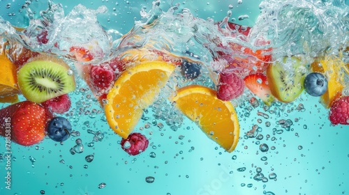 Fresh fruits falling into water, perfect for food and beverage concepts