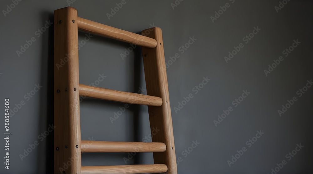 Minimalist Wooden Wall Ladder. Close-up of minimalist wall ladder with wooden rungs secured.generative.ai Minimalist Wooden Wall Ladder. Close-up of minimalist wall ladder with wooden rungs secured.generative.ai