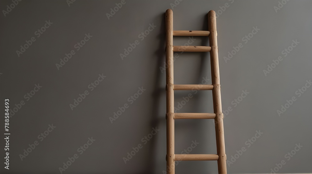 Minimalist Wooden Wall Ladder. Close-up of minimalist wall ladder with wooden rungs secured.generative.ai Minimalist Wooden Wall Ladder. Close-up of minimalist wall ladder with wooden rungs secured.generative.ai