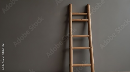 Minimalist Wooden Wall Ladder. Close-up of minimalist wall ladder with wooden rungs secured.generative.ai photo