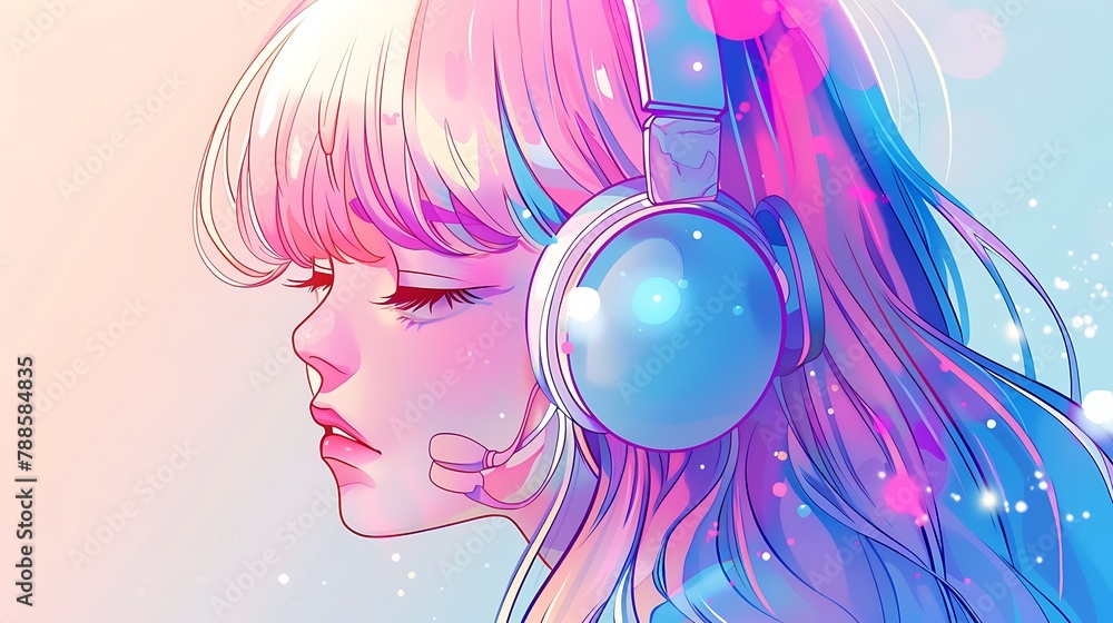 Illustration of an anime girl with headphones listening to music ...