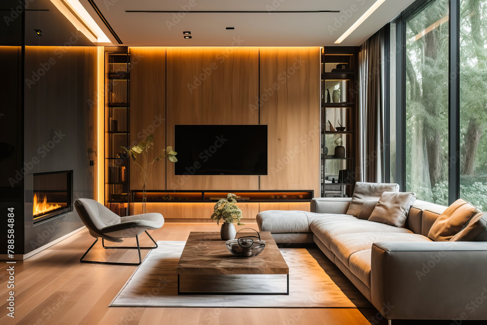 Modern living room space with panoramic windows, light sofa Modern living room space with panoramic windows, light sofa