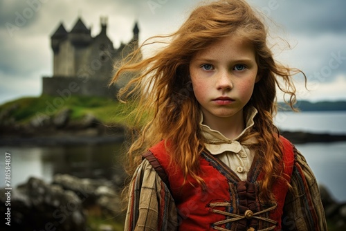 Ancient Scot girl scottish castle. Cute historic travel. Generate Ai photo