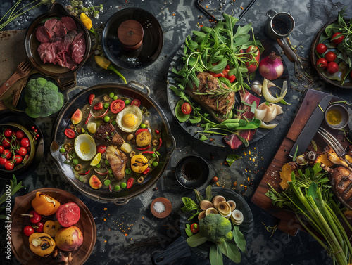 Seafood salad with vegetables and meat on dark background, top view