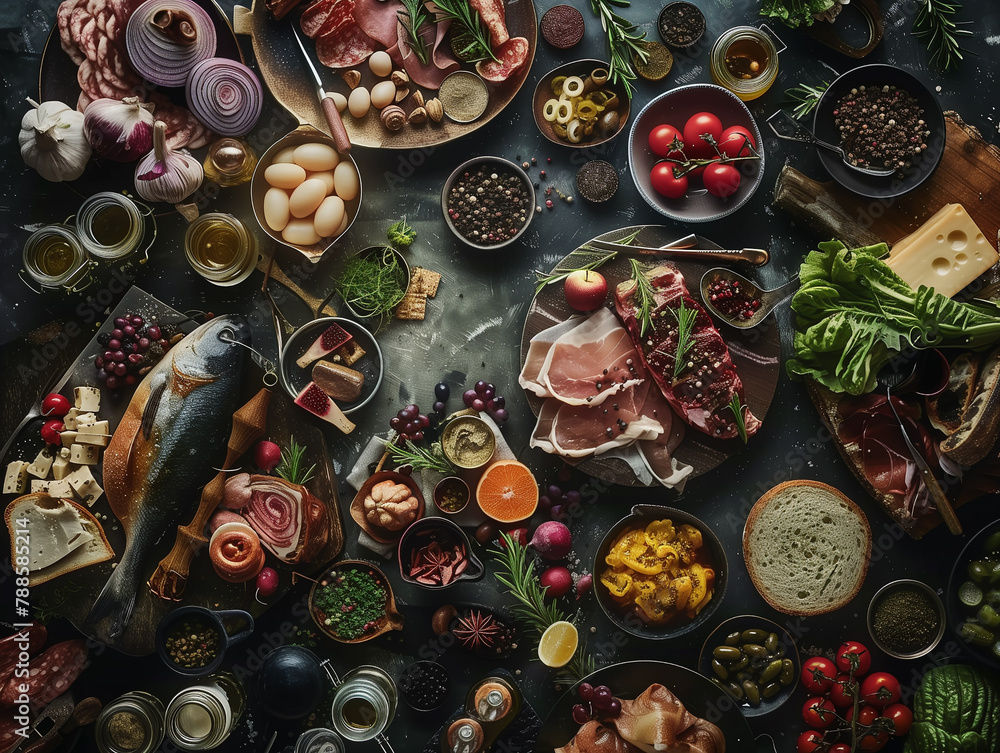Italian antipasti food background. Ham, prosciutto, parma ham, olives, tomatoes, herbs and spices. Top view