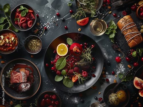 Top view of delicious fresh salad with berries, olives and fruits on dark background