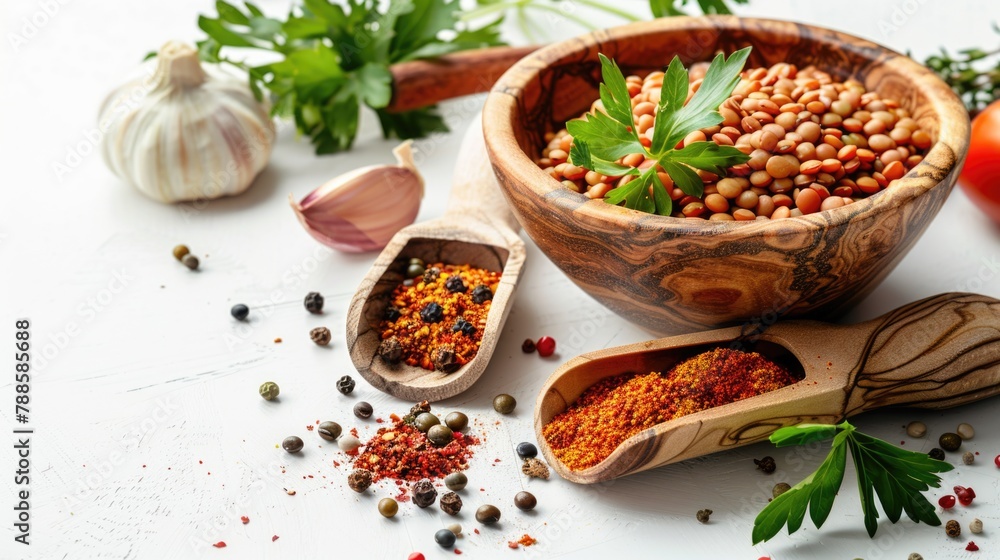 A variety of spices displayed in a wooden bowl, perfect for culinary projects A variety of spices displayed in a wooden bowl, perfect for culinary projects