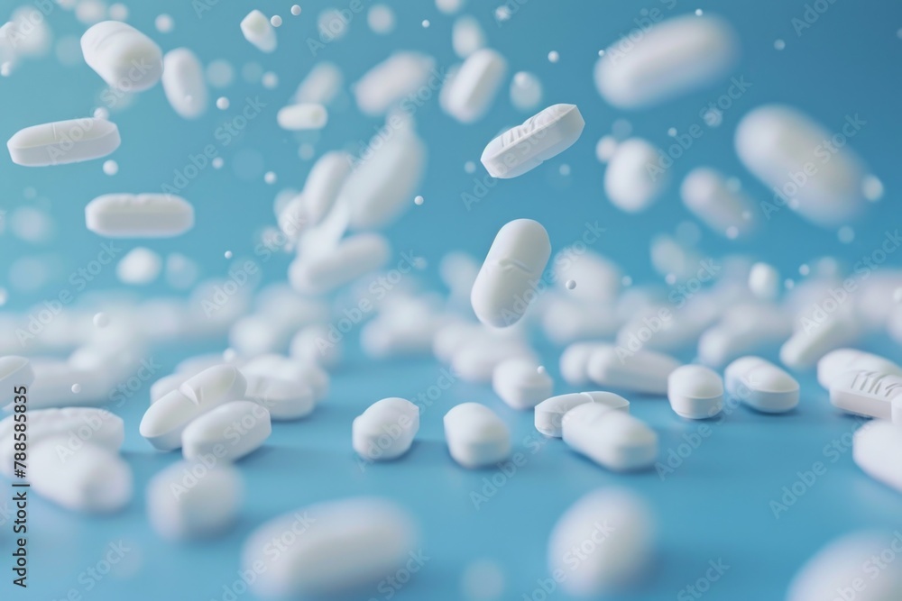 White pills floating on blue background. Suitable for medical concepts