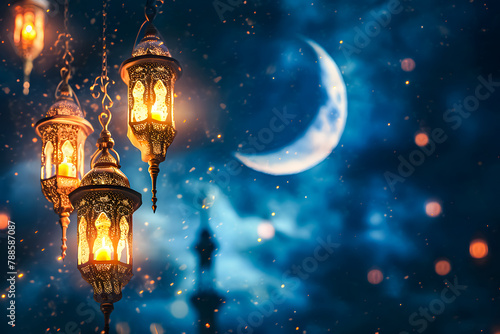 Islamic background with golden lanterns and crescent for Eid greeting card with whitespace and blue theme. Eid and ramadan concept  © Iwankrwn