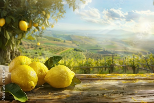 Limoni riposano su una tavola rustica, baciati dai raggi del sole, su sfondo rurale con colline photo