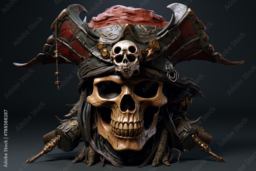 Fototapeta premium Riveting Skull pirate 3d. Human scary bone. Generate Ai