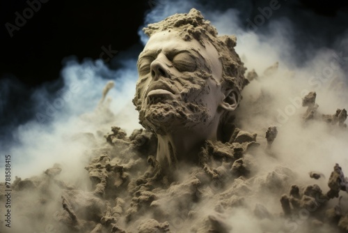 Rugged Sculpted man dust breathing. Artwork architecture with male monument sculpture. Generate ai