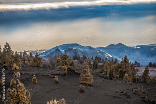 View of the La Palma volcano after going out, releasing smoke